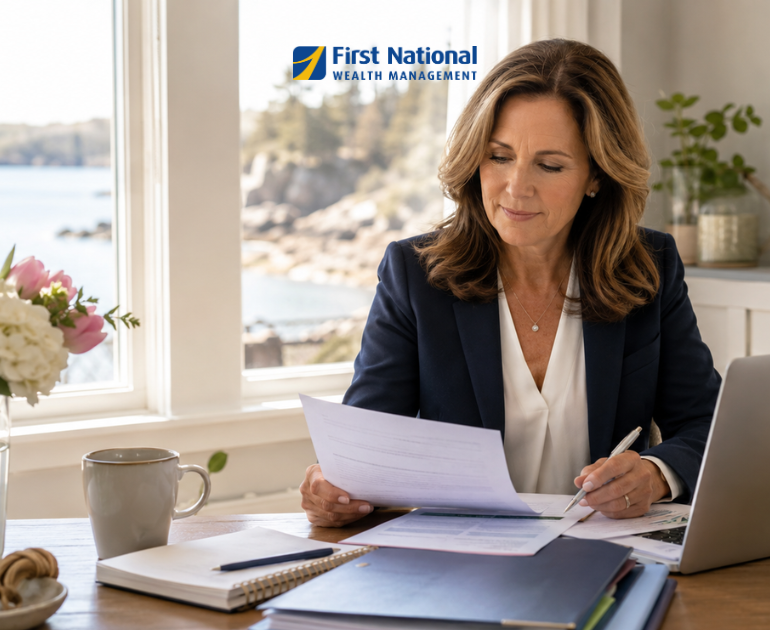 Women sitting at a desk reviewing paperwork. 